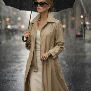 Bogner Trench Coat Tan Foul Weather Hooded Long Raincoat Size 36